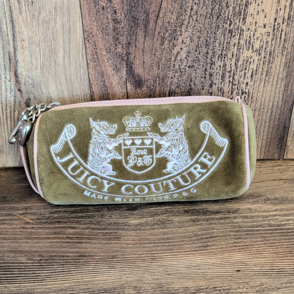 Juicy Couture Olive Velvet Velour Pink Trim Barrel Bag Clutch         M550